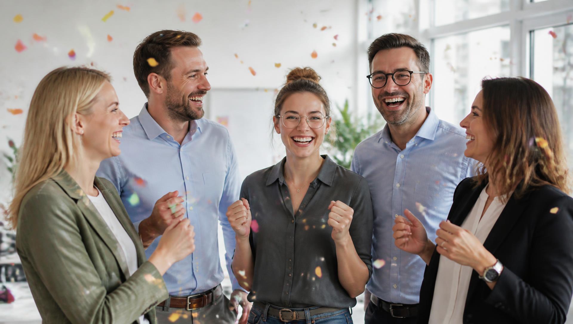 Team aus Werkstatt und Büro feiert gemeinsam in einer sonnigen Halle