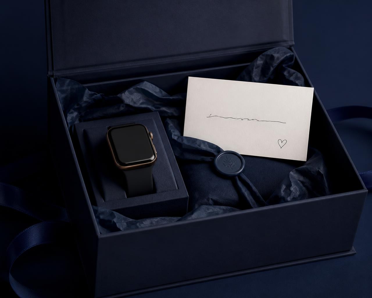 WOW-Effekt-Box mit Smartwatch und handgeschriebener Willkommenskarte